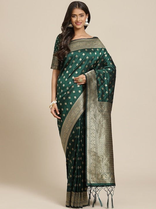 Green & Golden Ethnic Motifs Zari Woven Design Banarasi Saree