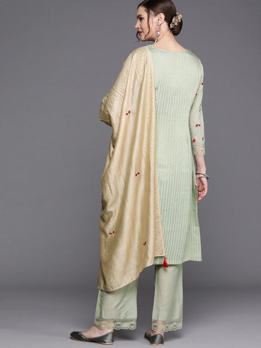 Green Golden Stripped Embroidered with Laced Pants and Embroidered Dupatta - inddus-us