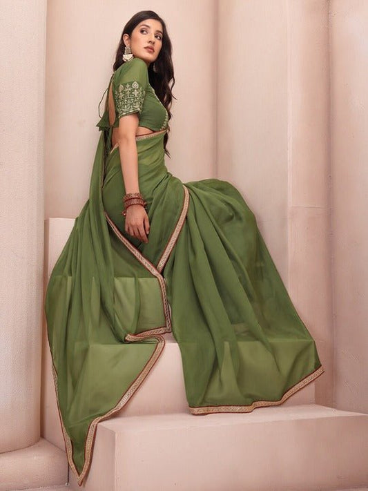 Green & Maroon Embroidered Organza Saree