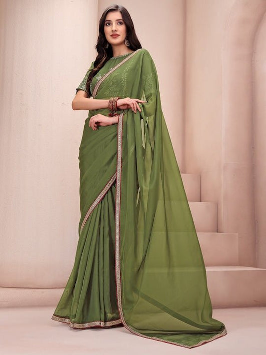 Green & Maroon Embroidered Organza Saree