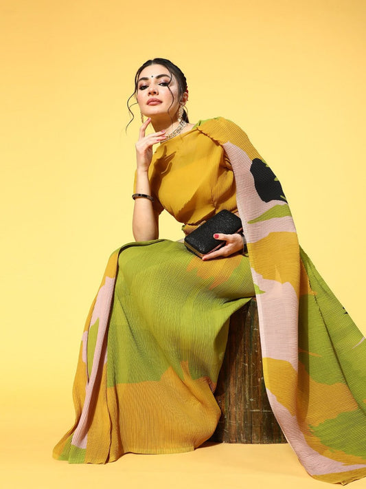 Green & Mustard Accordian Pleat Printed Saree - Inddus.com