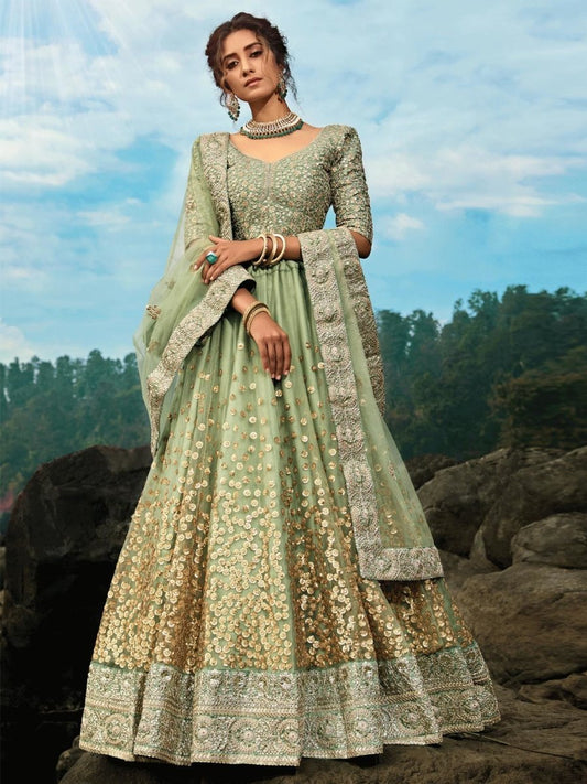 Green Net Designer Lehenga Choli with Dupatta - inddus-us