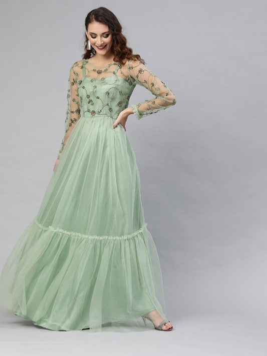 Green Net Embroidered Fit & Flared Maxi Gown - inddus-us