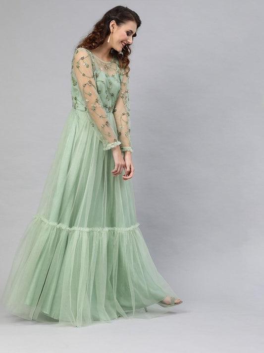 Green Net Embroidered Fit & Flared Maxi Gown - inddus-us