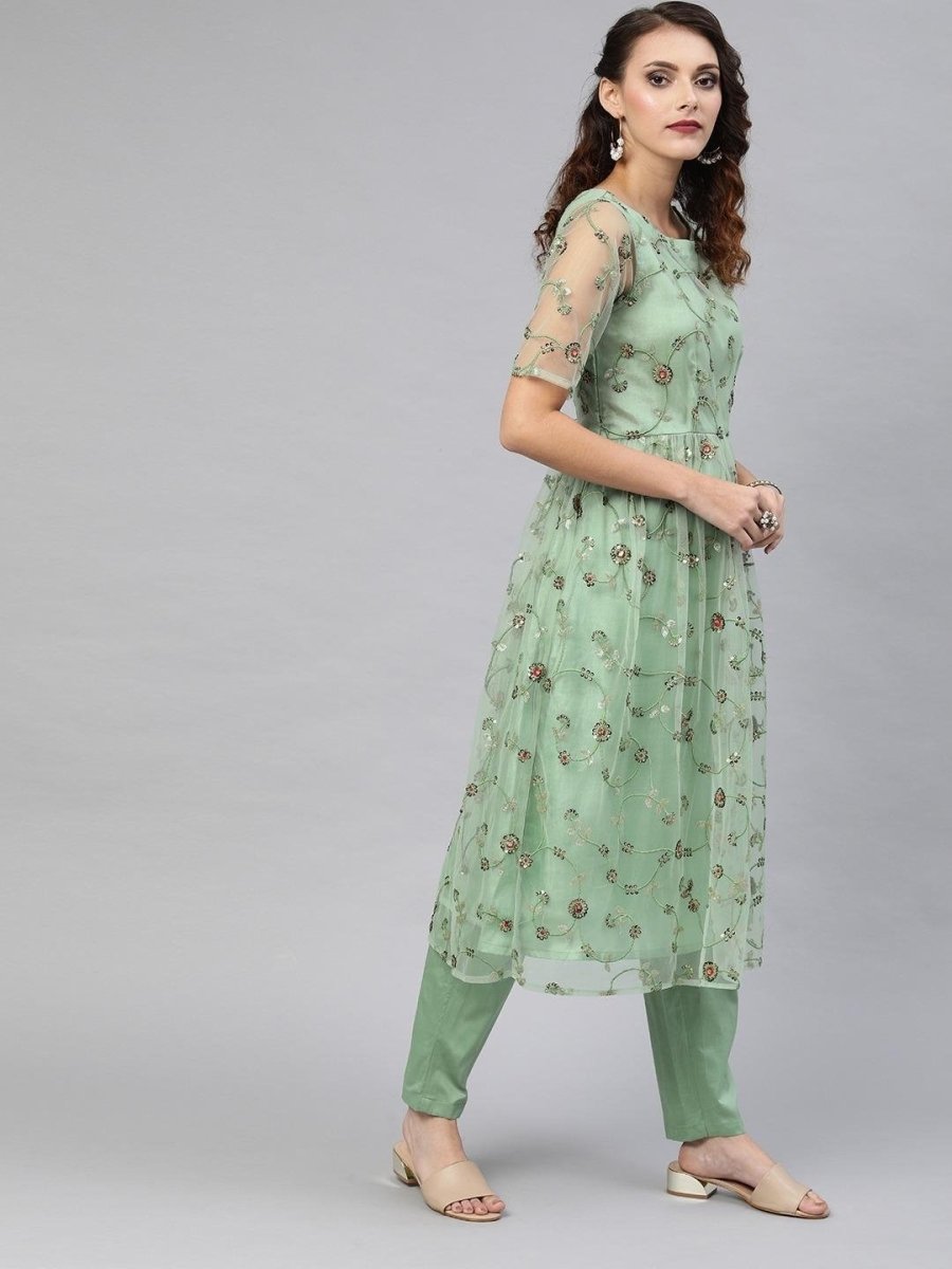 Green Net Embroidered Kurta Pant Set - Inddus.com