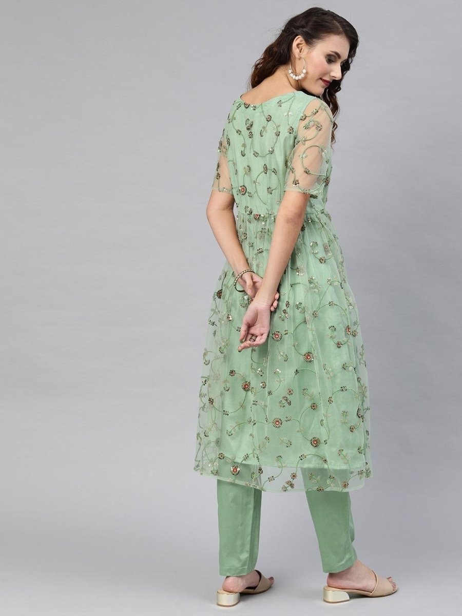 Green Net Embroidered Kurta Pant Set - Inddus.com