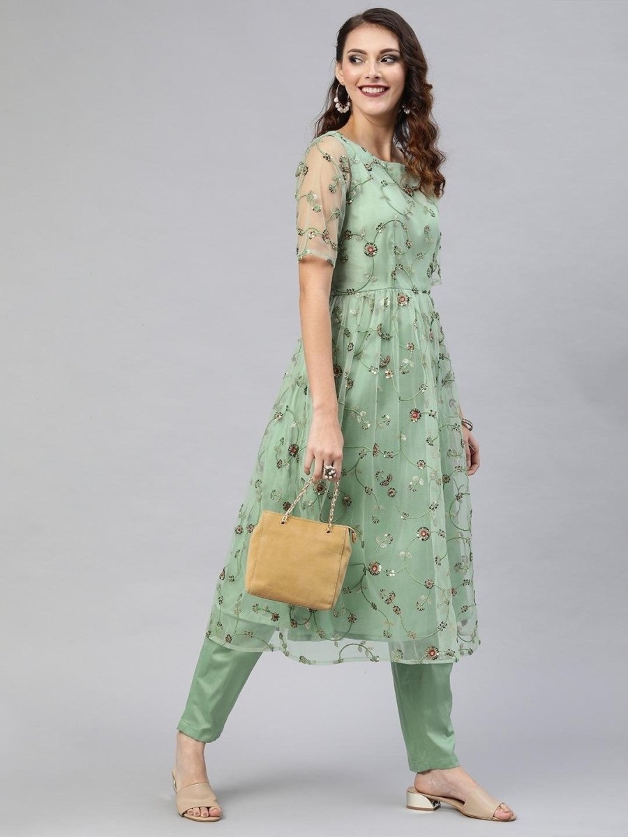 Green Net Embroidered Kurta Pant Set - Inddus.com