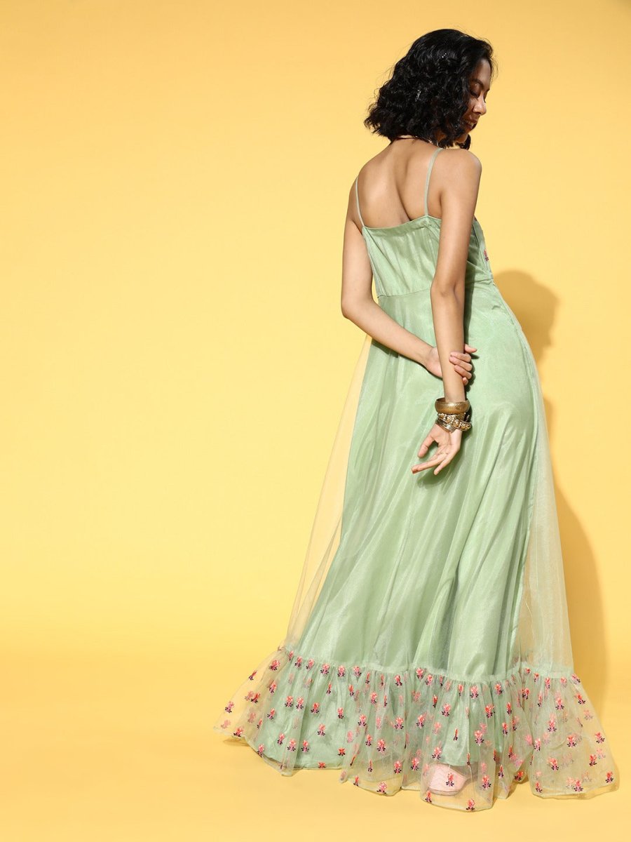 Green Net Embroidered Thread Work Gown - Inddus.com