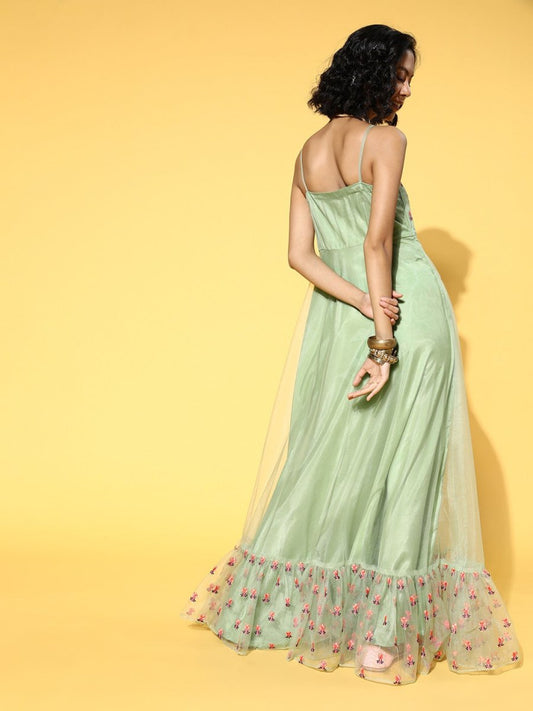 Green Net Embroidered Thread Work Gown - Inddus.com