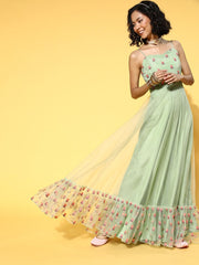 Green Net Embroidered Thread Work Gown - Inddus.com