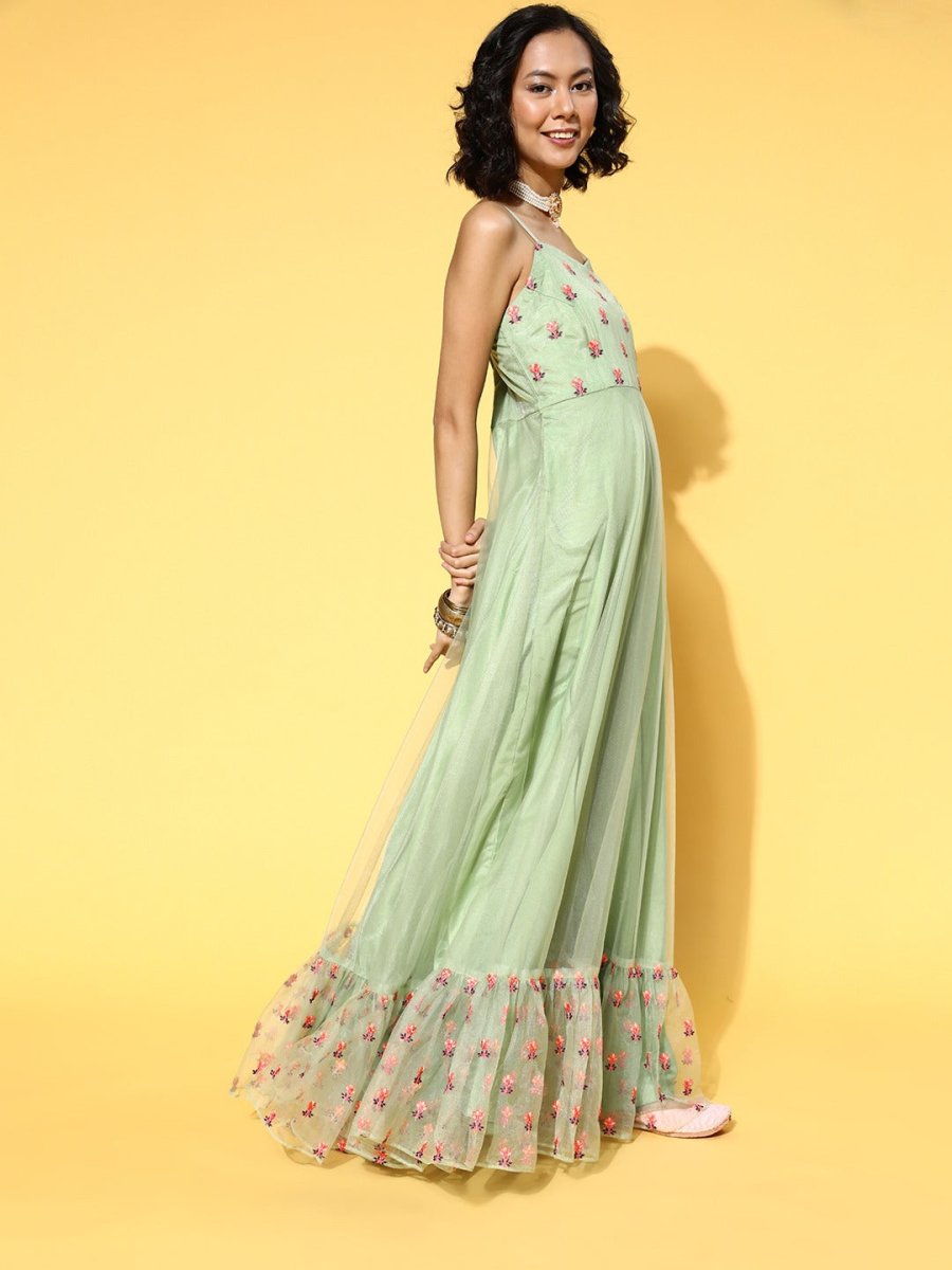 Green Net Embroidered Thread Work Gown - Inddus.com