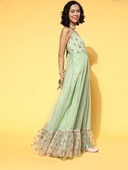 Green Net Embroidered Thread Work Gown - Inddus.com