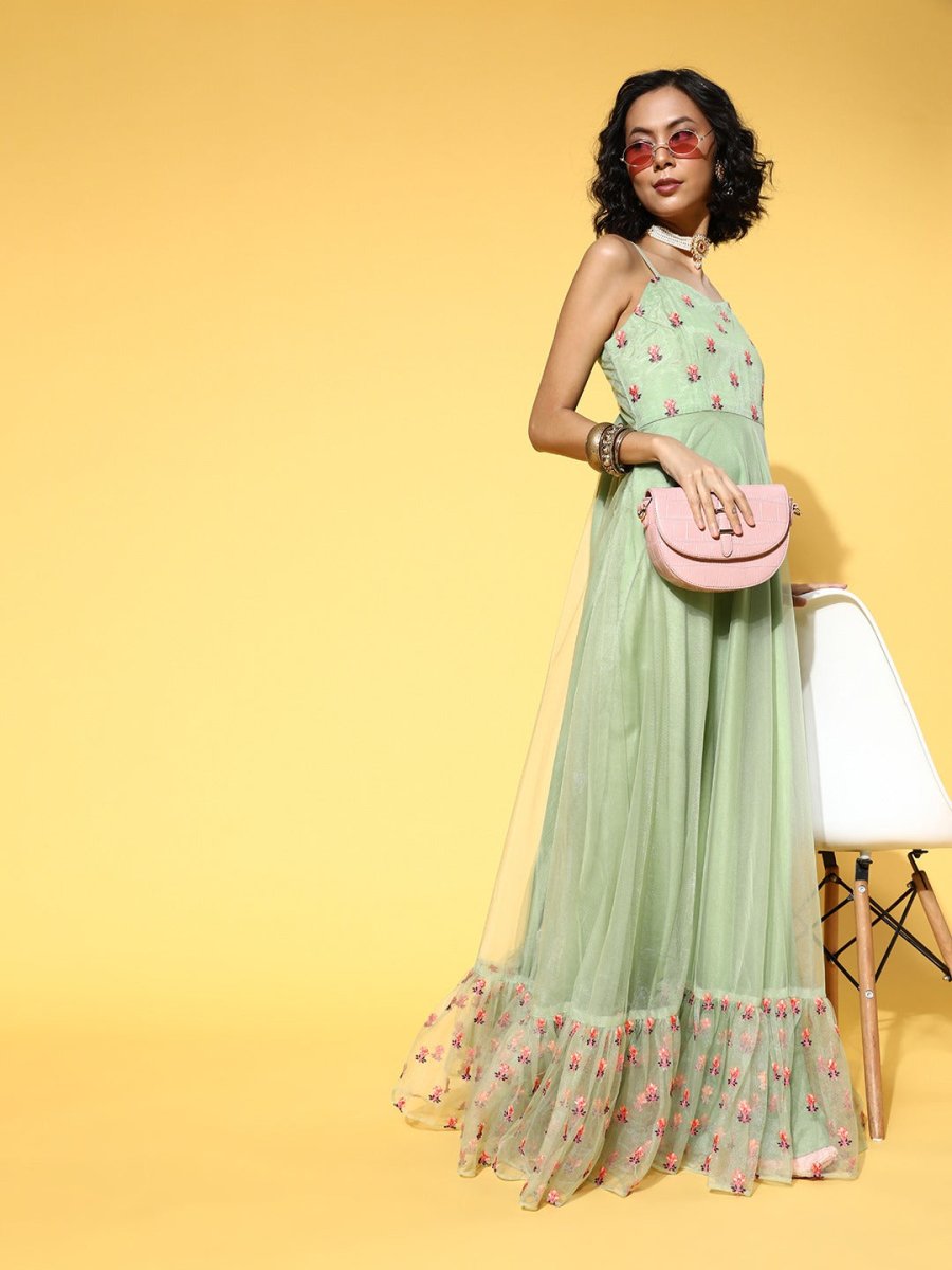 Green Net Embroidered Thread Work Gown - Inddus.com