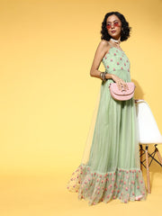 Green Net Embroidered Thread Work Gown - Inddus.com