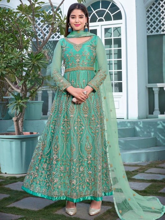 Green Net Festive-Wear Anarkali-Suit - Inddus.com