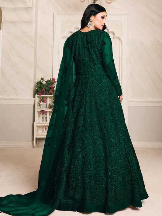 Green Net Partywear Anarkali Suit - Inddus.com