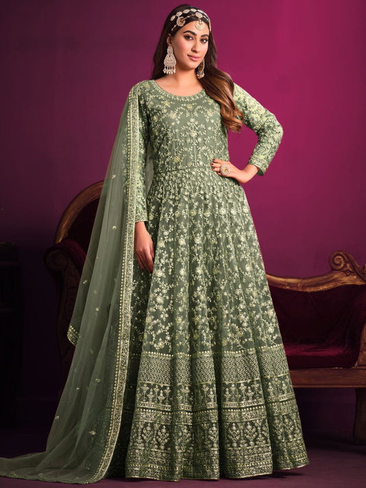 Green Net Partywear Anarkali-Suit - Inddus.com