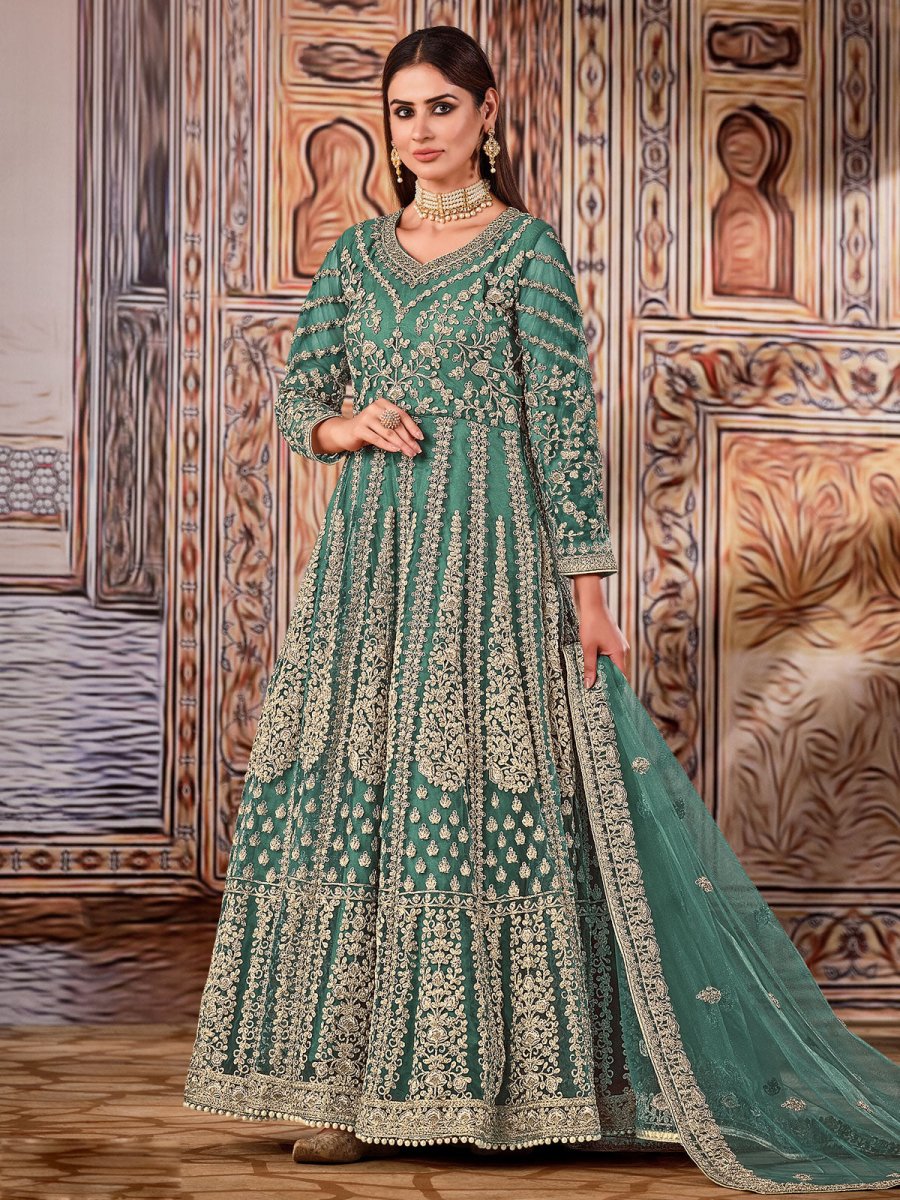 Green Net Partywear Anarkali Suit - Inddus.com