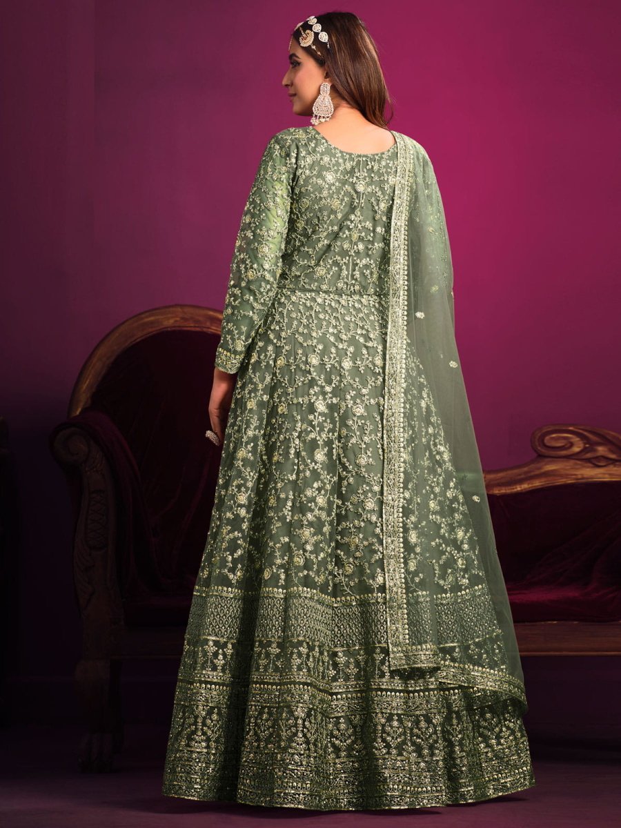 Green Net Partywear Anarkali-Suit - Inddus.com