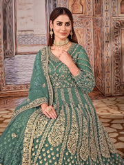 Green Net Partywear Anarkali Suit - Inddus.com