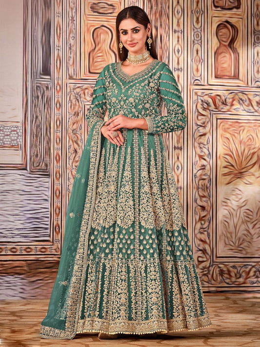 Green Net Partywear Anarkali Suit - Inddus.com