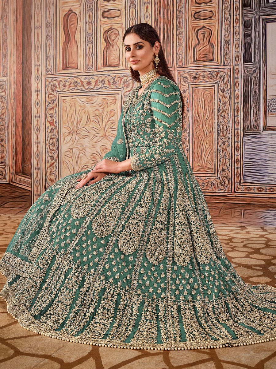 Green Net Partywear Anarkali Suit - Inddus.com