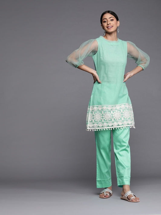 Green Net Thread Work Straight Cut Suit - Inddus.com