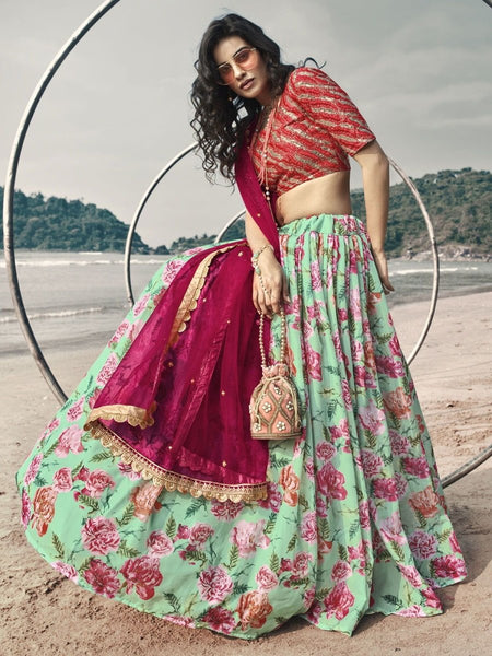 Buy White And Green Floral Printed Lehenga Choli In USA, UK, Canada,  Australia, Newzeland online