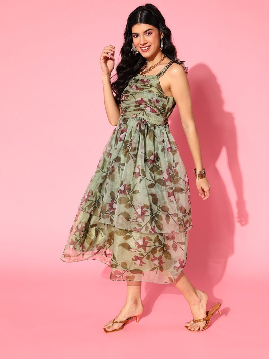 Green Organza Floral Printed Fit and Flare Ruffled Gown - Inddus.com