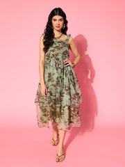 Green Organza Floral Printed Fit and Flare Ruffled Gown - Inddus.com