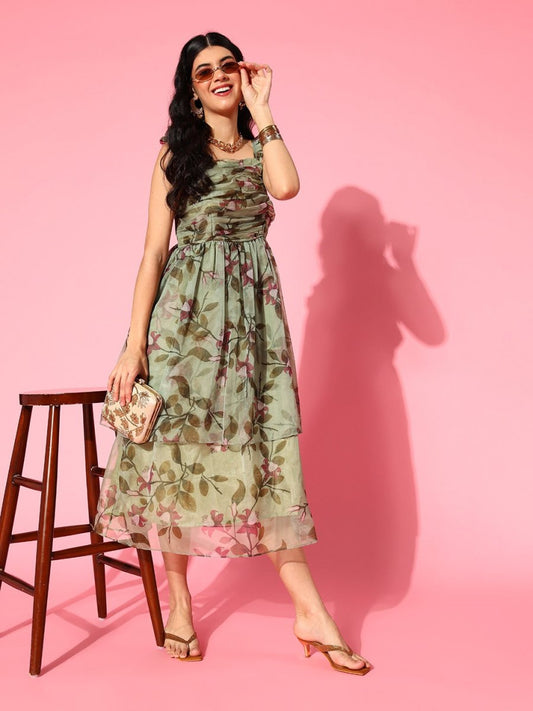 Green Organza Floral Printed Fit and Flare Ruffled Gown - Inddus.com