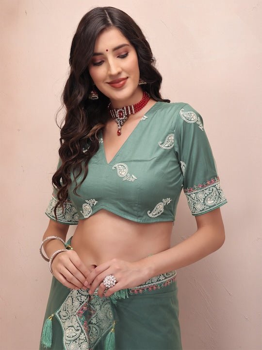 Green Paisley Embroidered Net Saree - Inddus.com