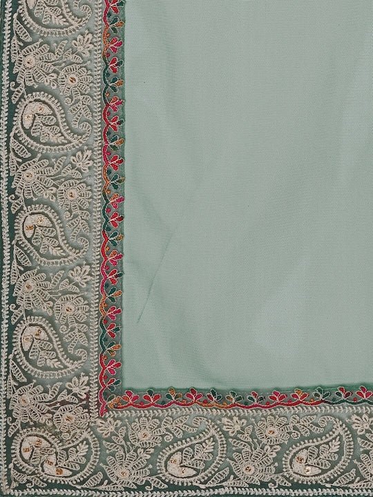 Green Paisley Embroidered Net Saree - Inddus.com