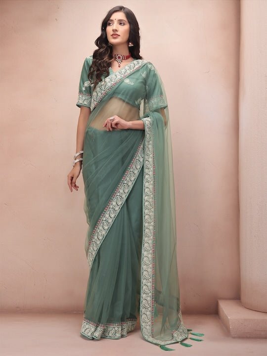 Green Paisley Embroidered Net Saree - Inddus.com