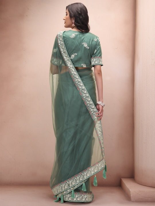 Green Paisley Embroidered Net Saree - Inddus.com