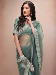 Green Paisley Embroidered Net Saree - Inddus.com