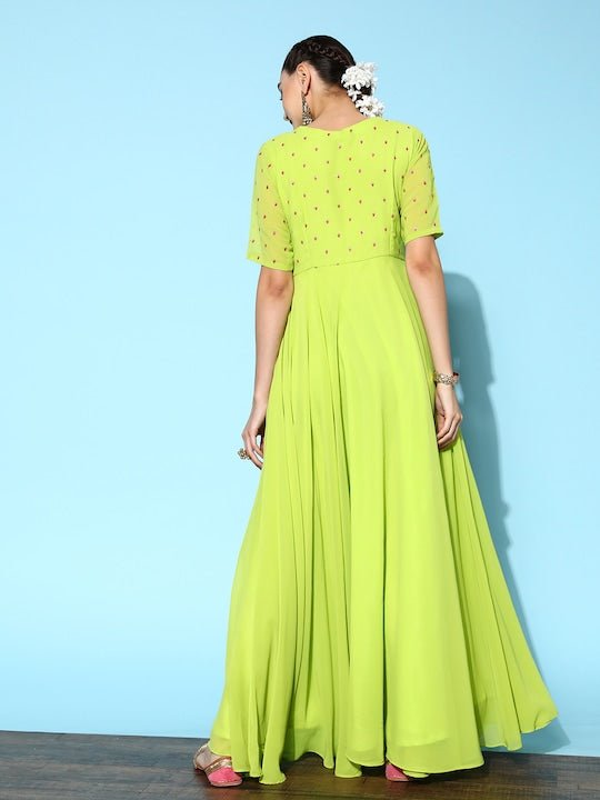 Green & Pink Ethnic Motifs Embroidered Georgette Maxi Dress - Inddus.com