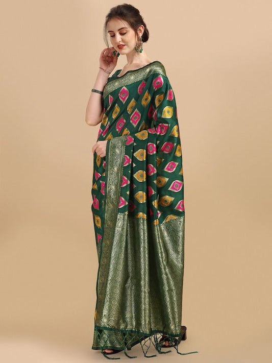 Green & Pink Ethnic Motifs Zari Silk Blend Saree - Inddus.com