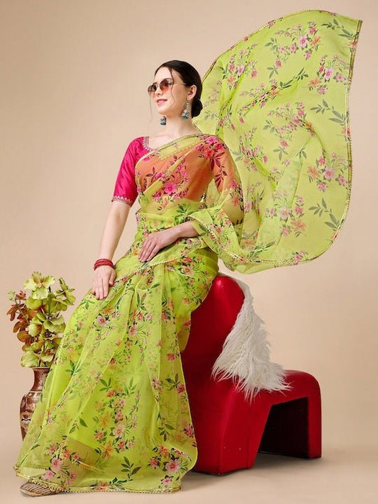 Green & Pink Floral Printed Gotta Patti Organza Saree - Inddus.com