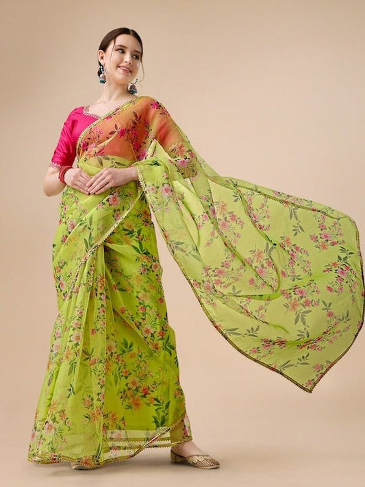 Green & Pink Floral Printed Gotta Patti Organza Saree - Inddus.com