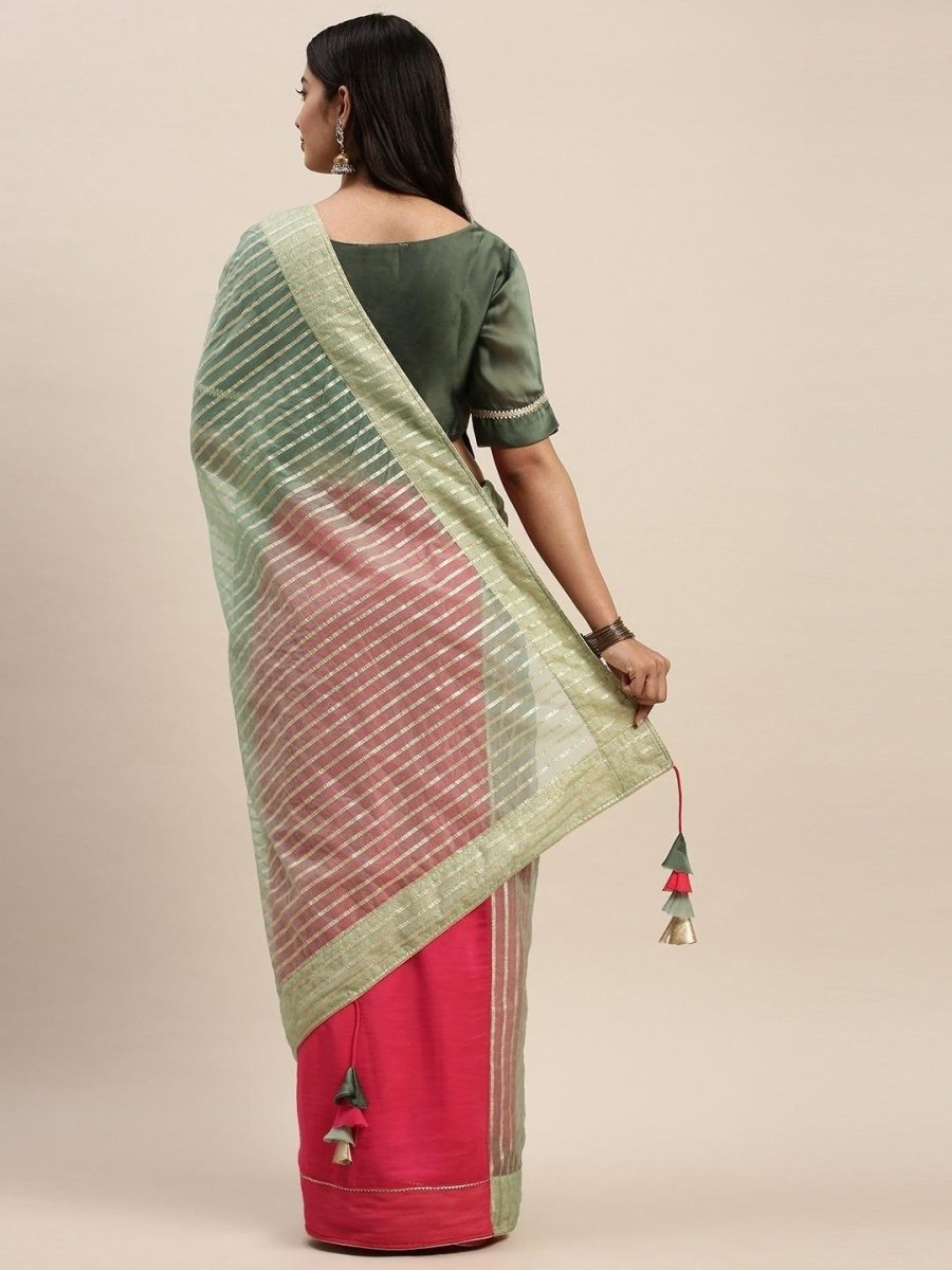 Green & Pink Organza Striped Half & Half Saree - inddus-us