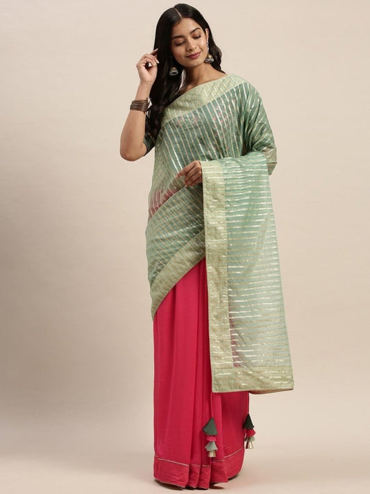 Green & Pink Organza Striped Half & Half Saree - inddus-us