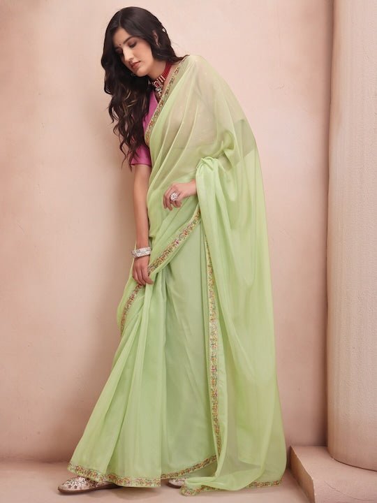 Green & Red Embroidered Organza Saree