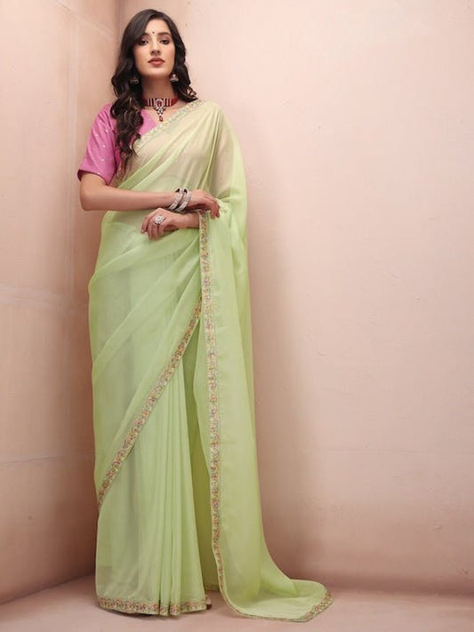 Green & Red Embroidered Organza Saree