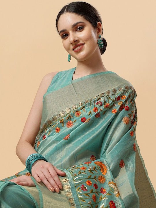 Green & Red Floral Embroidered Saree - Inddus.com