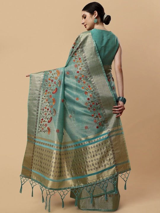 Green & Red Floral Embroidered Saree - Inddus.com