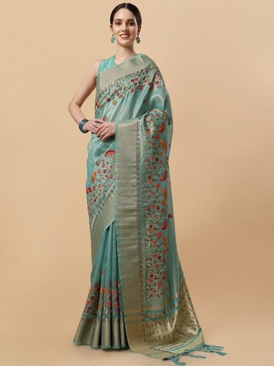 Green & Red Floral Embroidered Saree - Inddus.com