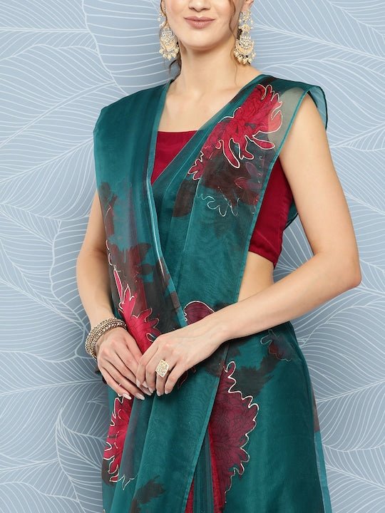 Green & Red Floral Organza Saree - Inddus.com