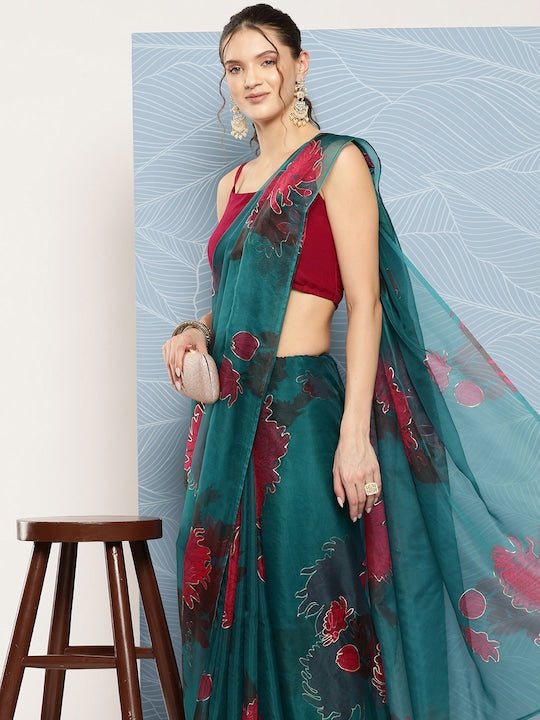 Green & Red Floral Organza Saree - Inddus.com