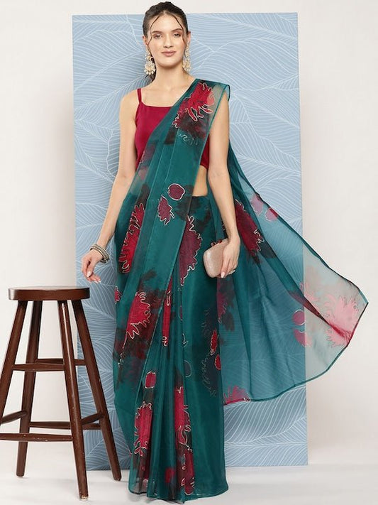 Green & Red Floral Organza Saree - Inddus.com